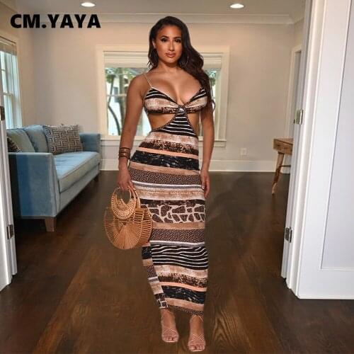 CM.YAYA Women Dress Print Sheath Elastic Sleeveless Spaghetti Strap Hollow Out Ankle Length Dresses Sexy Night Club Party Dress
