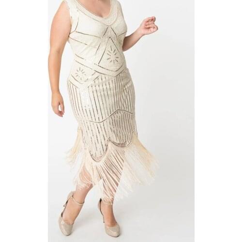 Plus Size 1920s Art Deco Long Fringed Sequin Beads Roaring 20s Flapper Gatsby Party Costume Vintage Dress for Women