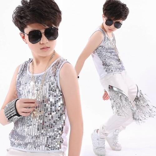 New Hip Hop Costumes Boys Silver Sequined Vest Fringed Pants Kids Street Dance Clothes Jazz Stage Wear Modern Outfit DNV12479