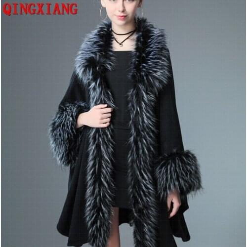 2021 Winter Warm Plus Size Women Faux Raccoon Fur Cardigan Big Pendulum Cape Hanging Dyeing Poncho With Sleeves Outstreet Coat