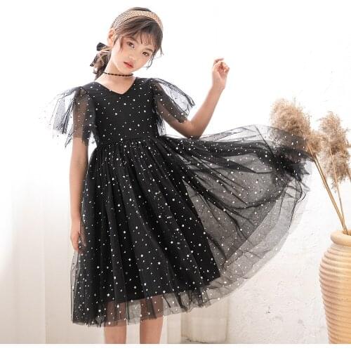 Kids Dresses for Teenage Girls Lace Star Sequins Short Sleeve Mesh Dress Robe de Princesse Fille Black Party Children Clothes 16