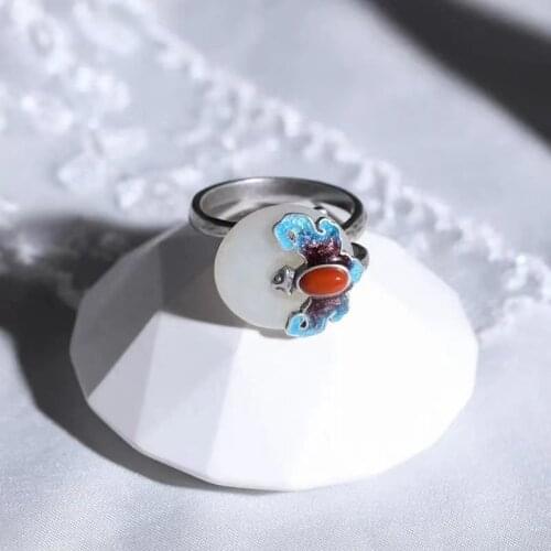 Natural Hetian Jade Safeness Ring White Jade Ring Cloisonne Southern Red Agate Ring Vintage Gilding Ring Ornament Women