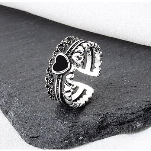Vintage Heart Ring for Women Black Adjustable Hollow Resizable Rings Retro Silver Color Fashion Jewelry Korean Accessories BR089
