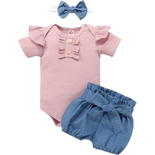 3 Pcs Baby Girls Summer Clothing Set Round Collar Short Sleeve Romper Shorts and Headdress Blue/ Black