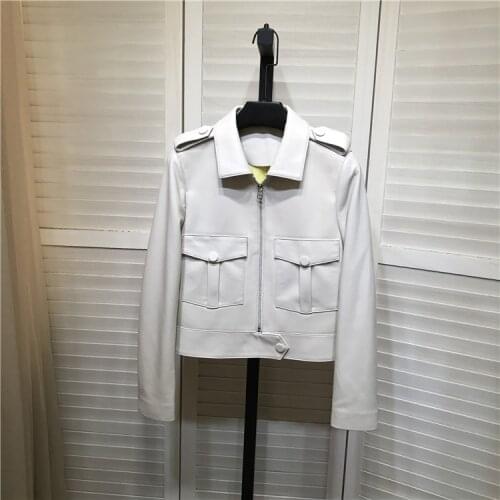 Euopen Style Spring 2021 Womens White leather jackets High quality genuine leather pockets short Coat C395