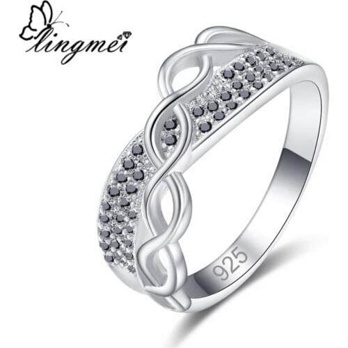 Lingmei New Unique Design Black & White Cubic Zirconia Silver Color Ring Size 6-9 Wedding Party Fashion Jewelry Engagement