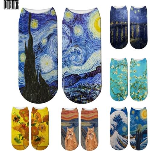 3D Van Gogh Oil Painting Print Socks Funny Art Women Short Socks Starry Night Sunflower Low Ankle Casual Unisex Cotton Socks