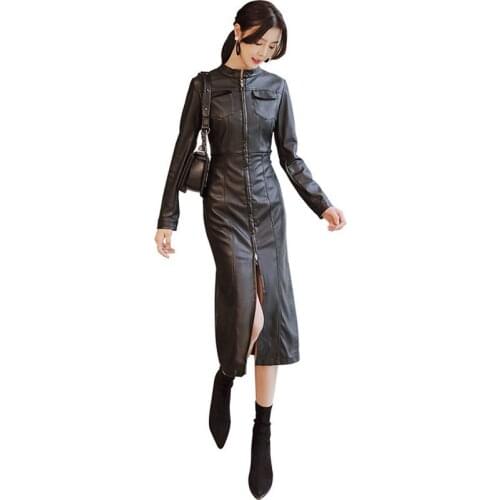 2018 New Fashion Women X-Long Spring Autunm Black Faux Leather Jackets Lady Cool Outerwear Coat Female Windbr