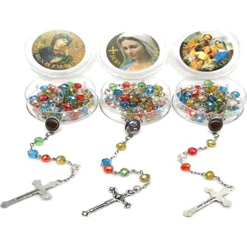 3 Pieces Religious 8MM Crystal Rosary Beads Curved Needle Crucifix Necklace Its In A Round Box For Men And Women Given As Gifts