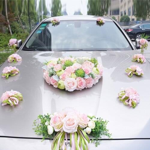 Full Pink Set Flowers Wedding Car Decoration Flower Simulation Door Handles Chair Back Rearview Mirror Wedding Car Decoration
