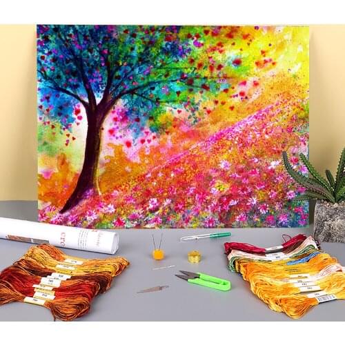 Natural Scenery Valentine Tree Printed Water-Soluble Canvas 11CT Cross Stitch Embroidery Set DMC Threads Wholesale
