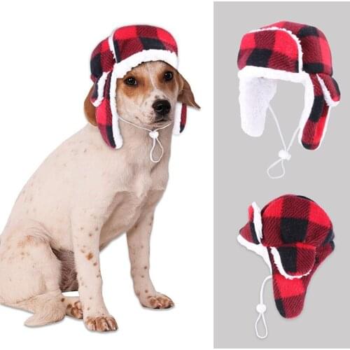 Dog Caps Plaid Warm Beret Hats for Cat Small Big Dog Breeds Adjustable Size Protect Ears Outdoor Jogging Travle Supplies