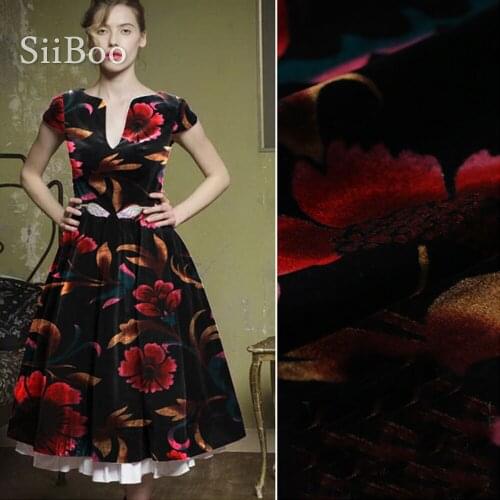 Black with red floral print rayon velvet flocking silk fabric for dress silk tissu tecidos stoffen telas free shipping SP4845