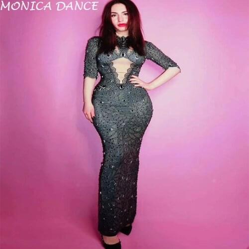 Sexy Design Black Rhinestones Dress Stage Wear Big Stretch One-piece Dress Singer Evening Performance Skinny Long Dress