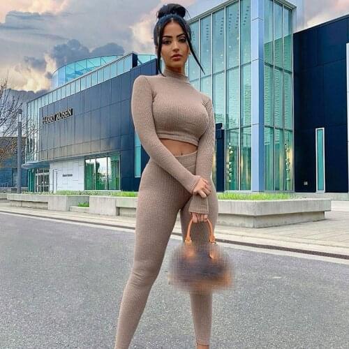 Knitted Skinny Two Piece Set Women Long Sleeve Sweater Legging Knitting Pants Suits Autumn Winter Bodycon Tracksuits Fitness Set