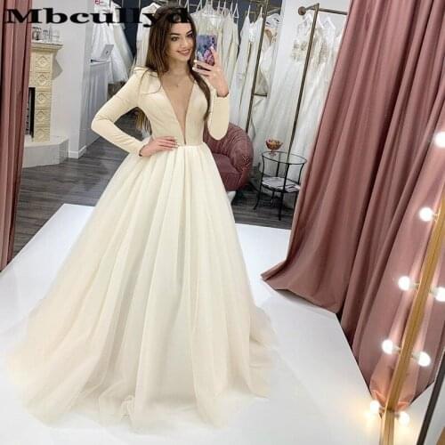 Mbcullyd Vintage Long Sleeves Wedding Dresses 2020 Sheer O-neck Champange Church Gowns For Women African vestido de noiva