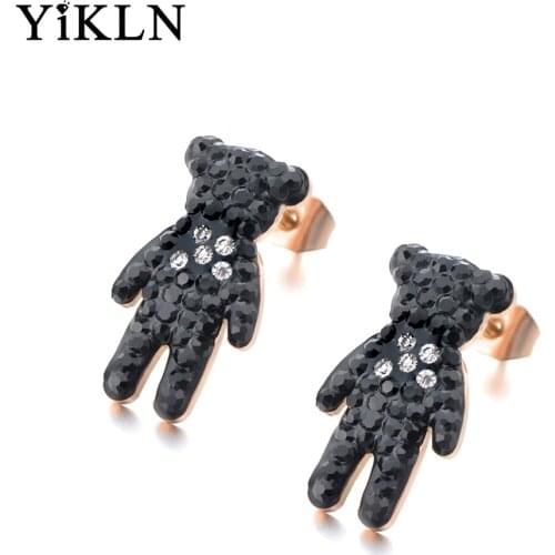 YiKLN Classic Titanium Steel Black Crystal Bear Earrings Fashion Rose Gold Color Animal Stud Earrings For Women Brincos YE18007