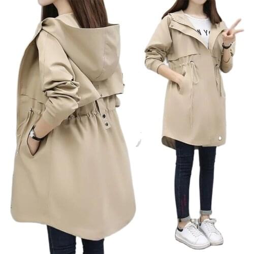 Womens Jacket New 2021 Spring Autumn Loose Plus Size Mid-Long Hooded Drawstring Casual All-Match Ladies Windbreakers Coats