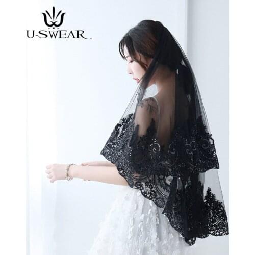 Retro Gothic Sequin Lace Muslim Bride Veil Black Tulle Dress Women 1 Layer Black Lace Veil Bride Short Black Wedding Veils