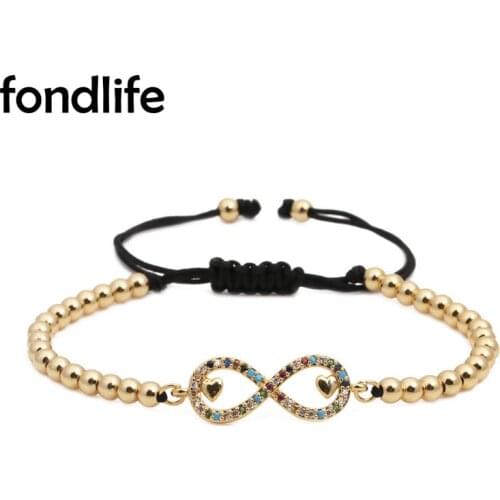 Multicolor Rainbow Cubic Zirconia Crystal Love Heart Inside Infinity Charm Bracelet Women Gold-plated 4MM copper Beads Jewelry