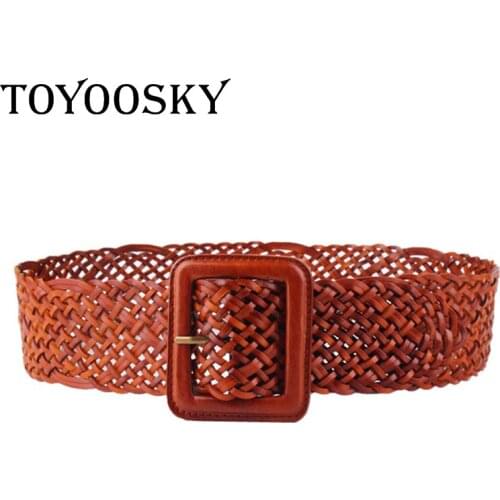 2018 Vintage Women Wide Kintted Belt Cowskin Belt for Woman Lady Elegant Knitted Genuine Leather Belt with Pin Buckle TOYOOSKY