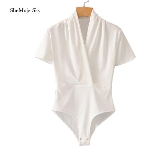 SheMujerSky White Women V-neck Bodysuit Short Sleeve Summer Elastic Jumpsuits mameluco mujer