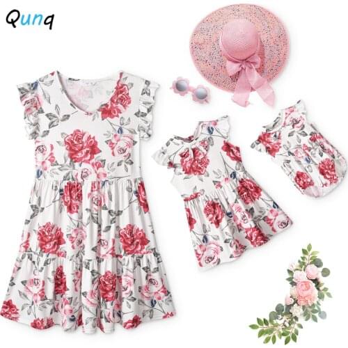 Qunq Floral Mommy and Me Dress 2021 New Summer O-neck Casual Dresses for Women Kids Baby Girls Family Matching Outfits
