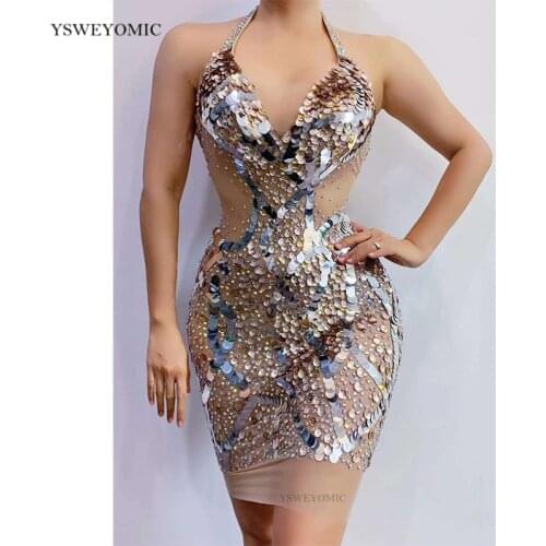 2020 Sparkly Rhinestones Sequin V-neck Transparent Short Dress Birthday Celebrate Outfit Dress Bar Prom Women Dancer Dress