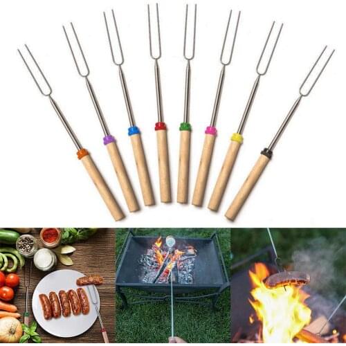 8Pcs Adjustable Wood Handle Stainless Steel Barbecue Fork U-Shape BBQ Stick Tool for Home, Kitchen