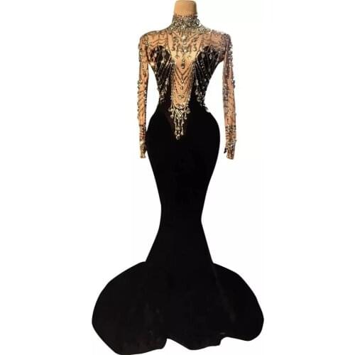 Deep V rhinestone black velvet dress birthday celebration party banquet evening dress concert ball singers costume