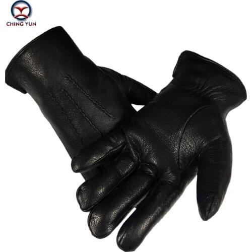 CHINGYUN 2020 hot sale high quality leather real wool mens black corrugated Gloves Winter Super Warm fashion soft Wool Gloves