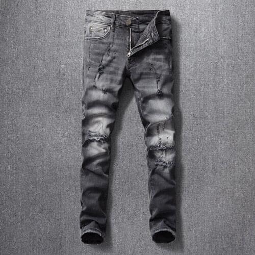 Streetwear Casual Denim Punk Pants Retro Black Gray Fashion Men Jeans Elastic Cotton Slim Fit Hip Hop Designer Ripped Jeans Men