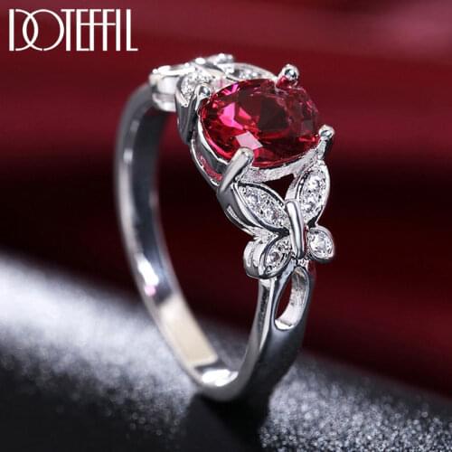 DOTEFFIL 925 Sterling Silver Red/Champagne Crystal AAA Zircon Butterfly Ring For Women Fashion Wedding Party Gift Charm Jewelry