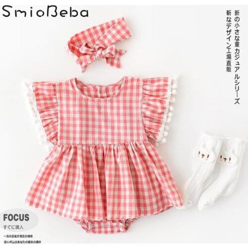 Summer College Korean Baby Lady Plaid Fake Two Piece Rompers With Headband Fly Edge Sleeve 0-2 Years Newborn Jumpsuit Outfit Kid