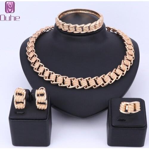 African Beads Dubai Gold Color Chain Earrings Bracelet Ring Set Luxury Elegant Necklace Jewelry Sets For Wedding party Gift