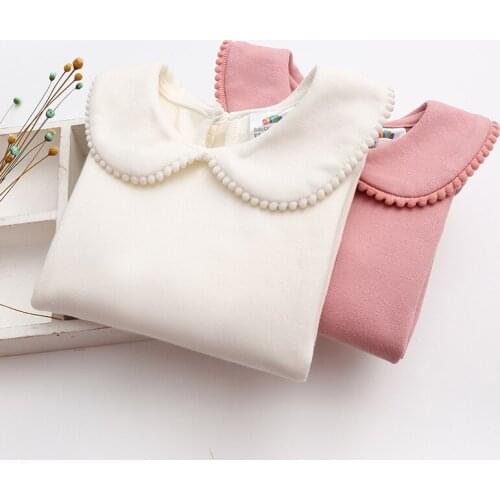 Korean Pink Children T Shirt Girls Casual Blouse Tops Fall Autumn Peter Pan Collar Long Sleeve Baby Girls T Shirt Kids Clothes