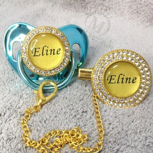 MIYOCAR custom any glitter name photo gold blue bling pacifier and pacifier clip blue BPA free dummy bling glitter design P10-BG