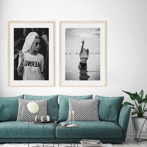 Fashion Sexy Woman Canvas Prints Modern Girl Smoking Black and White Potster Gift for boyfriend Wall Picture For Living Room