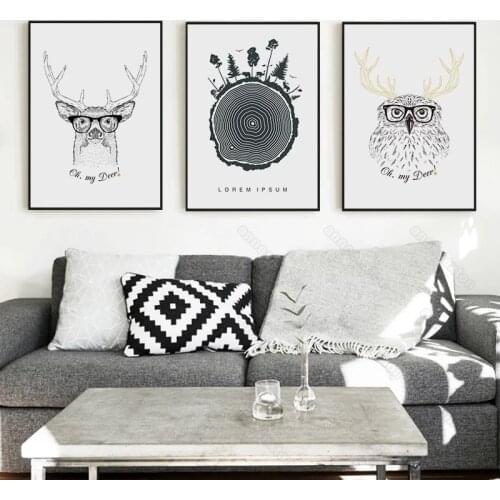 Cartoon Pictures Canvas Painting Poster Black and White Cartoon Animals Deer Owl Wearing Glasses Antlers for Home Rooms Decora