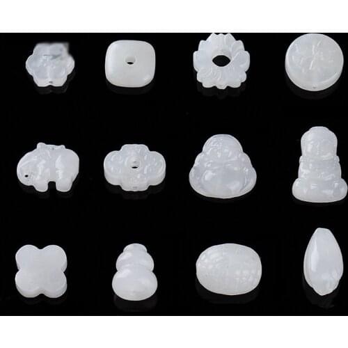 Natural Nephrite White Jade Cute Carved Piece Cloud Lotus Separated Bead Pendant Necklace Bracelet Earring DIY Jewelry