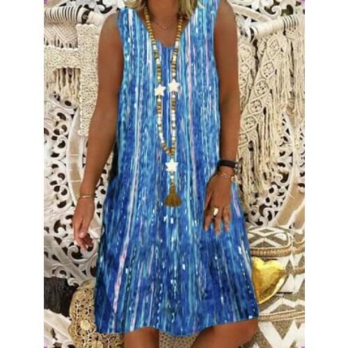 2021 New Womens Sleeveless V-neck Dress with Stripe Print