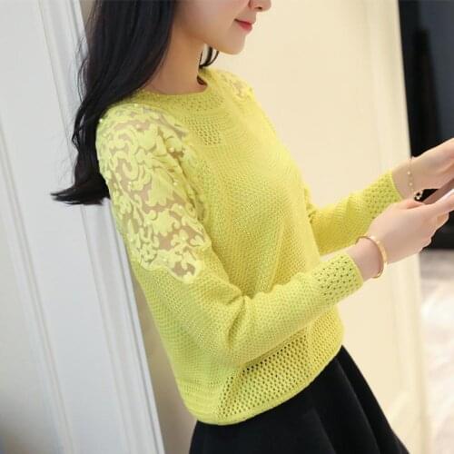 Spring Autumn 2021 New Elastic Knit Full-sleeve Lace Patchwork Soft Pullover Knitted Sweater Women O-neck Women Sweater