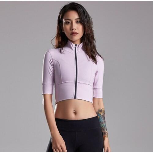 New Gym Women Sexy Short Sleeve Sports Female Sports Tops T-shirt Zipper Stretch Yoga Top Gym Clothing Fitness Gym Crop Top Yoga