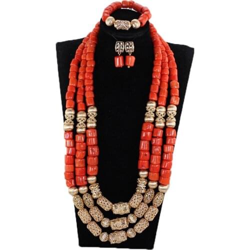 Luxury Wedding African Coral Beads Jewelry Set Coral and Gold Dubai Bridal Indian Jewelry Sets Long Coral Necklace Set CNR052