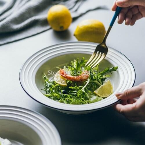 Nordic Simple Blue Line Soup Plate Ceramic Deep Plate Household Tableware Western Pasta Plate Salad Plate Straw Hat Plate