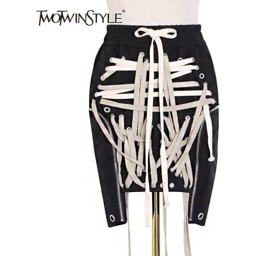 TWOTWINSTYLE Lace Up Bowknot Elastic High Waist Streetwear Skirts For Women Hollow Out Irregular Hem Skirt Female New 2020