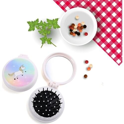 1 Pc Unicorn Girls Portable Mini Folding Comb Airbag Massage Round Travel Hair Brush With Mirror Plastic Hair Care Comb