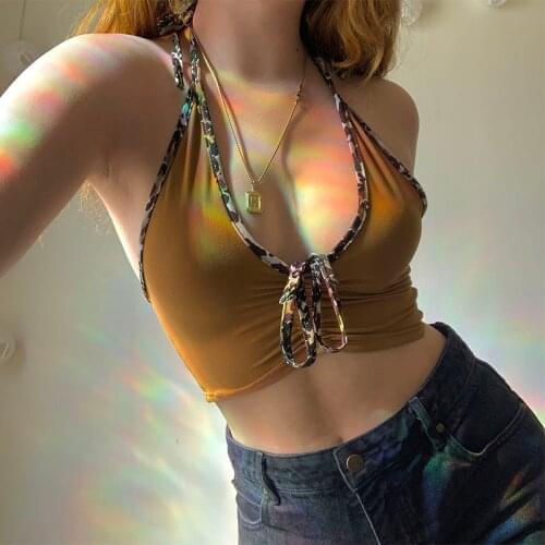 2021 Trendy Sexy Leopard Print Camisole Tops Women Sleeveless Lace Up Halter Tank Top Casual Drawstring Backless Slim Crop Top