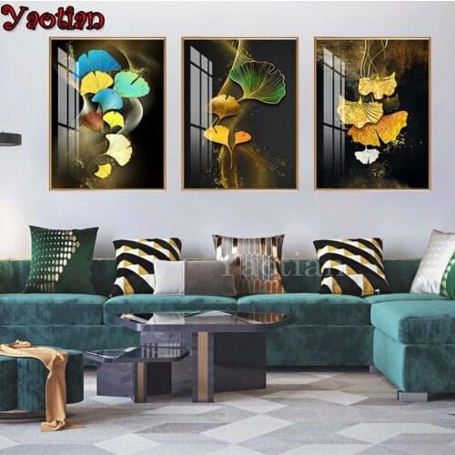 3 Panel Diamond Painting Golden Plan Leaves Modern Bedside Background full square drill 5 d rhinestone embroidery beads