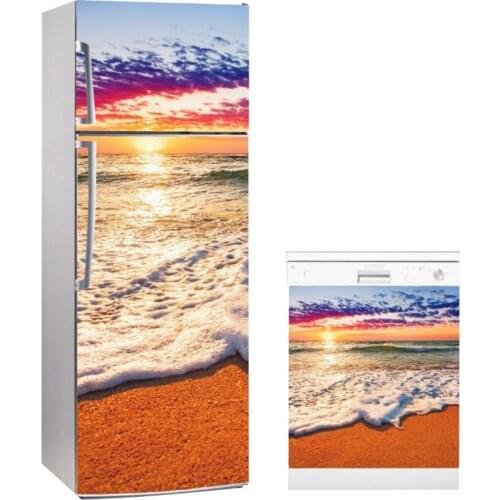 3D Fridge Sticker Sunset Seaside Landscape Refrigerator Dishwasher Door Cover Kitchen Home Decoration Accessories Wall Stickers